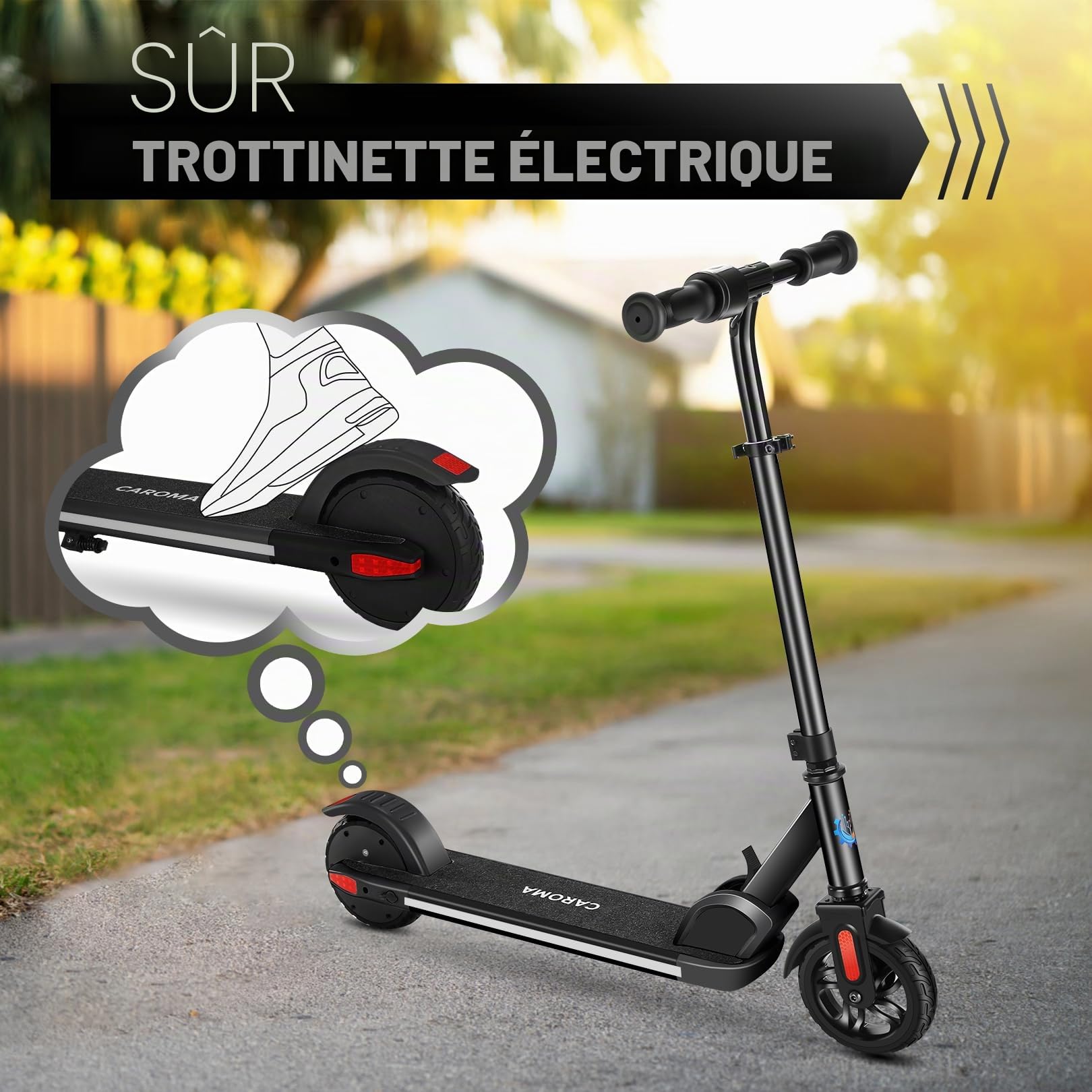 CAROMA Trottinette Electrique(8-10-12Ans), Trottinette électrique Pliable pour Enfants, Autonomie Max 6 KM, Max 16 KM/H, Moteur 150W, Vitesse et Hauteur Réglables, Cadeau pour Enfants et Adolescents