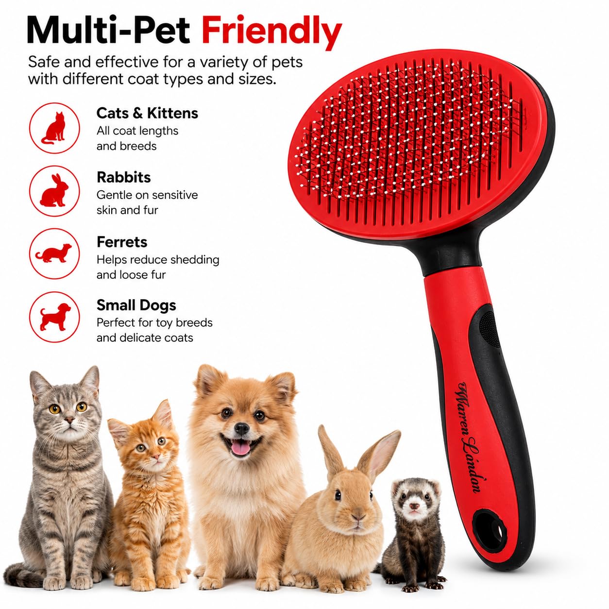 Warren London Brosse démêlante pour chat - Pour le toilettage et la perte de poils - Brosse autonettoyante avec bouton poussoir - Poignée ergonomique - Brosse de toilettage pour chaton et chat