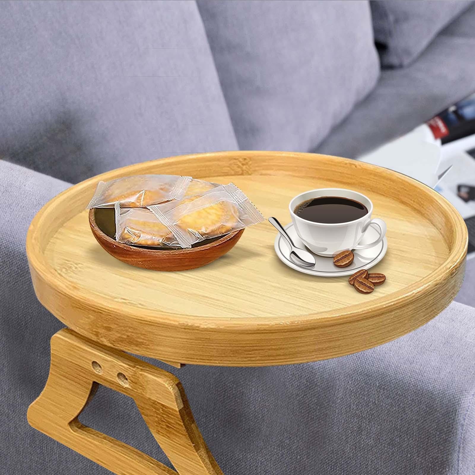 Bandeja de madera portátil para sofá, con clip, para aperitivos y bebidas, soporte para reposabrazos amplios, bandeja redonda para fácil acceso, ideal para aperitivos, bebidas y relajación