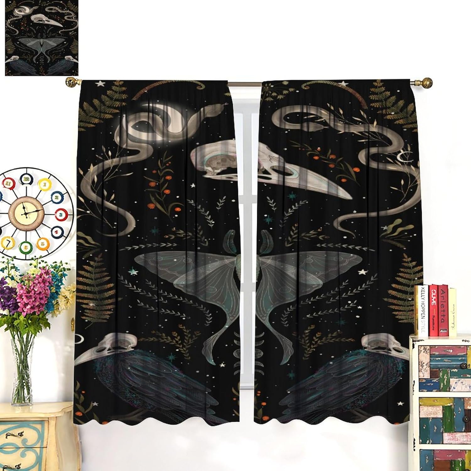 Gothic Blackout Curtain, Rerto Starry Sky Plant Moon Moth Crow Snake Pattern Window Treatments Rod Pocket Curtain for Bedroom Living Room Kitchen Decor Drapes 42x45in