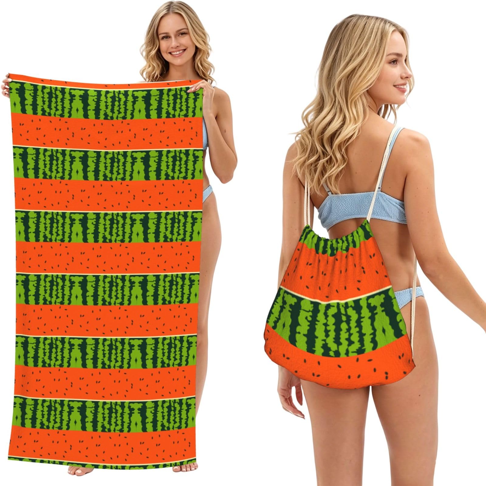 Poadnly As Picture Watermelon, 2 In 1 Packable Towel Bag, Beach Towels With Drawstring Backpack For Travel Holiday Camping