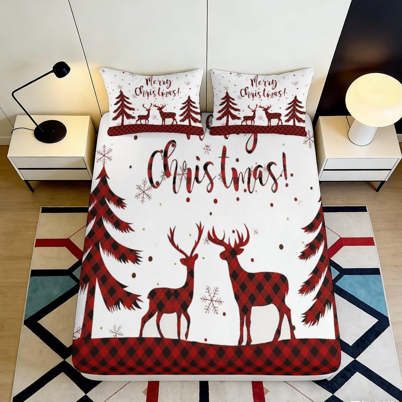 Pnayamiorkfel Style-6 3D Printed Christmas Reindeer Fitted Sheet Microfiber Soft Plaid Tree Bed Cover For Bedroom Guest Room Decor 90X200x25cm