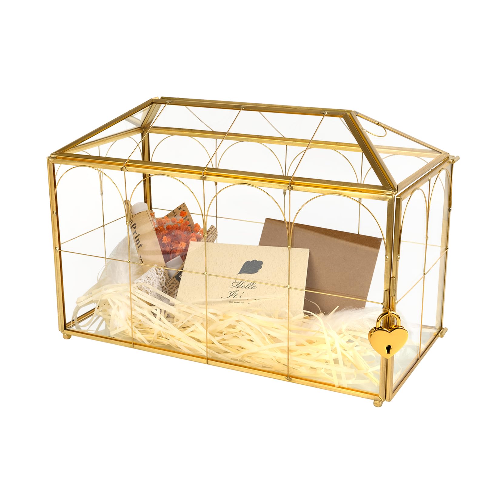 Atzciyr Wedding Glass Cards Box with Slot - 12.6 x 5.9 x 9 inch, Envelope Card for Birthday Party Reception Box, Home Tabletop Decor Clear Gold