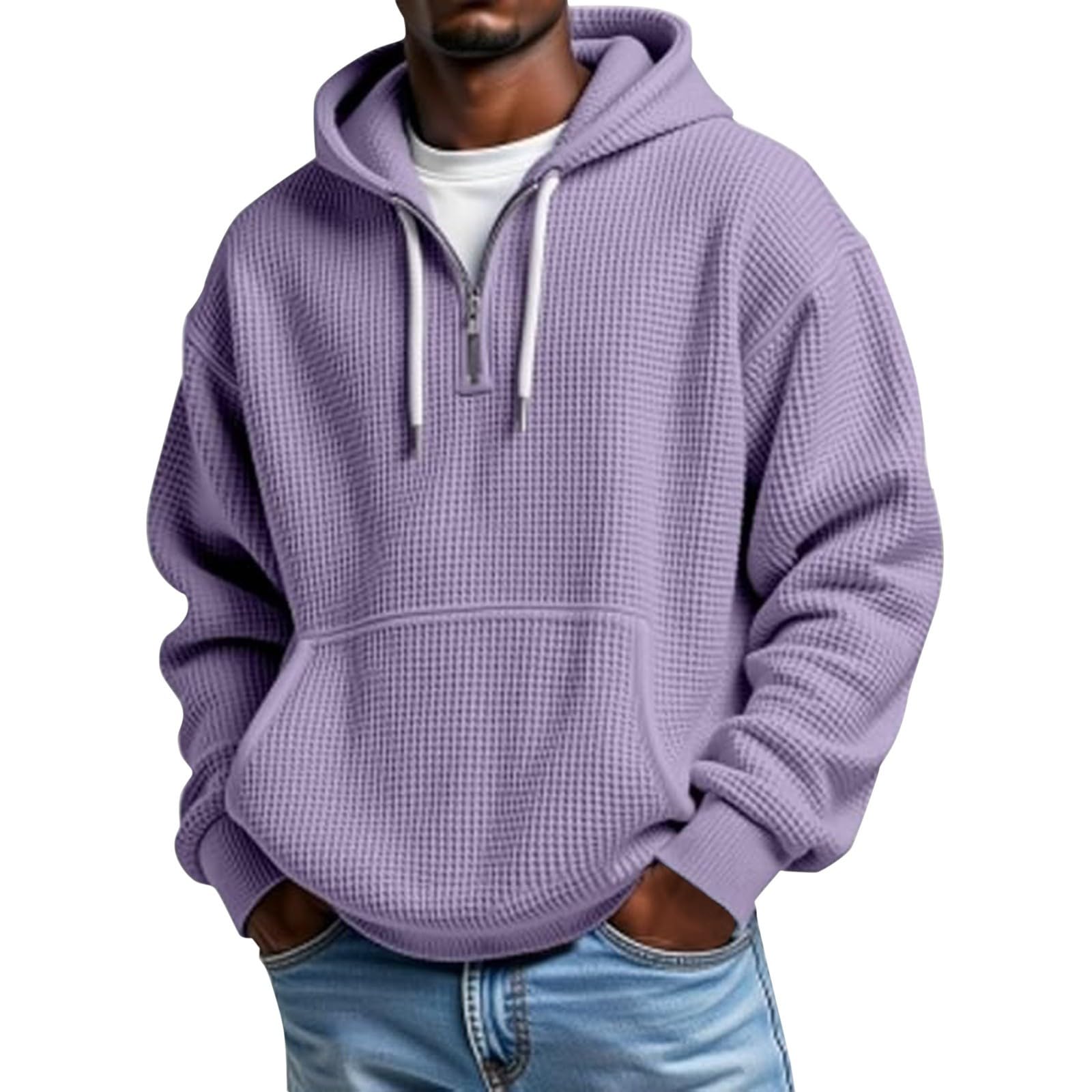 Mens Hoodies Pullover Quarter Zip Casaul Long Sleeve Drawstring Waffle Knit Hooded Sweatshirt with Pocket