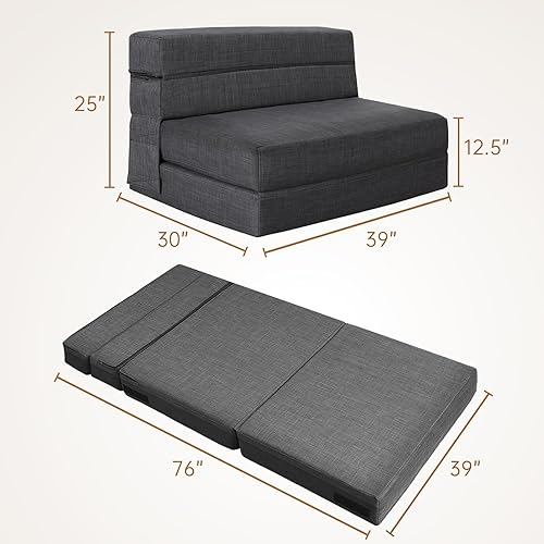 Miniatura 3 de Sofá cama plegable individual con cojín de espuma viscoelástica convertible, silla reclinable, futón, perezoso para sala de estar/oficina en gris