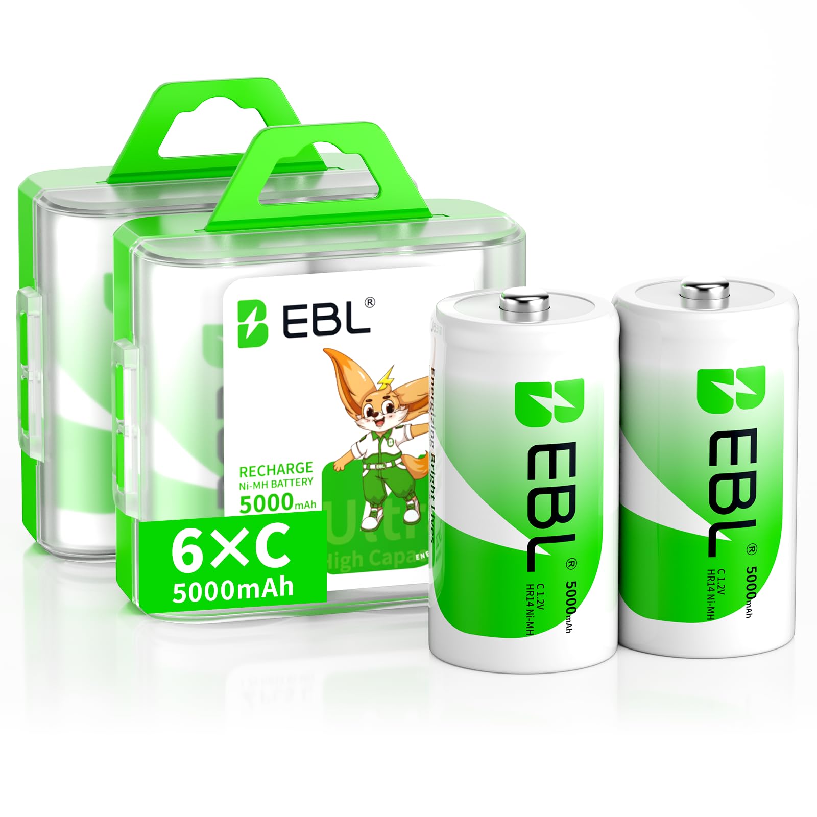 EBL 5000mAh C Size Rechargeable Batteries Industrial Battery C Batteries, 6 Counts Ni-MH C Cells