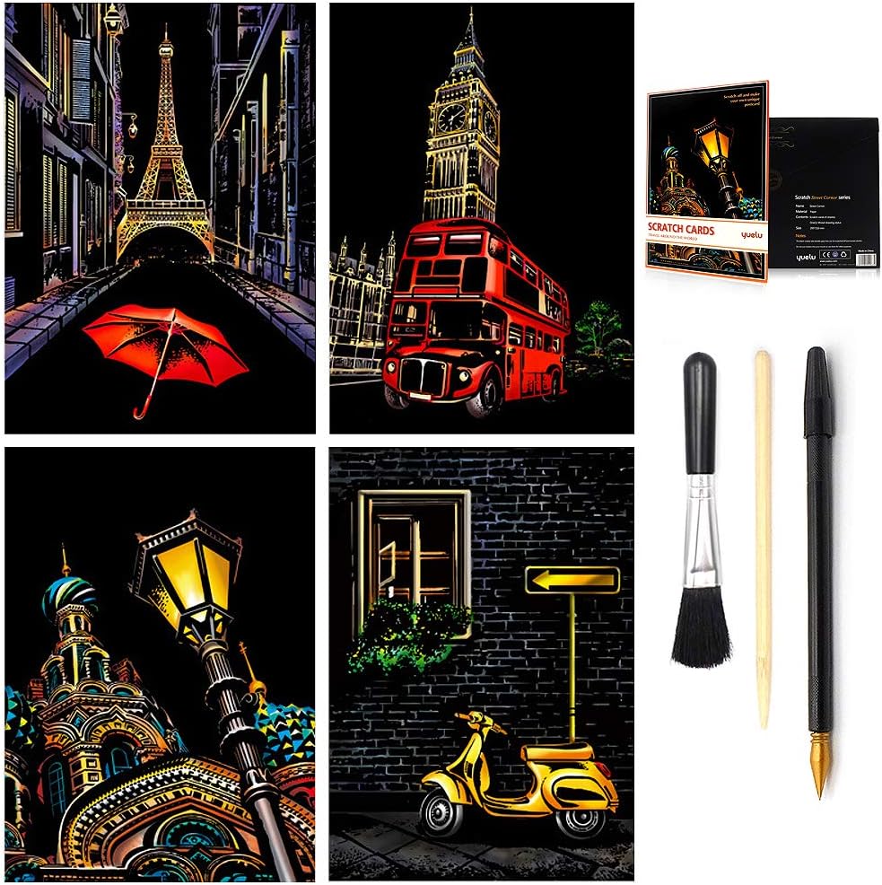 MUGIT Scratch&Sketch Art Paper(A4) for Teen&Adults, Rainbow Painting Night View Scratchboard, Art&Craft, Engraving Art Set: 4 Scratch Cards & Scratch Drawing Pen, Clean Brush (Street Corner)