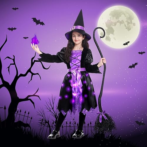 Miniatura 7 de Disfraz de bruja de Halloween iluminado para niñas, conjunto de vestido de bruja con sombrero y escoba para fiestas de juegos de rol para niños