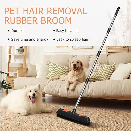 Miniatura 4 de Zubebe Escoba de goma ajustable, 4 piezas, portátil, eliminación de pelo de mascotas, escoba de goma suave con mango largo para mascotas, gatos,