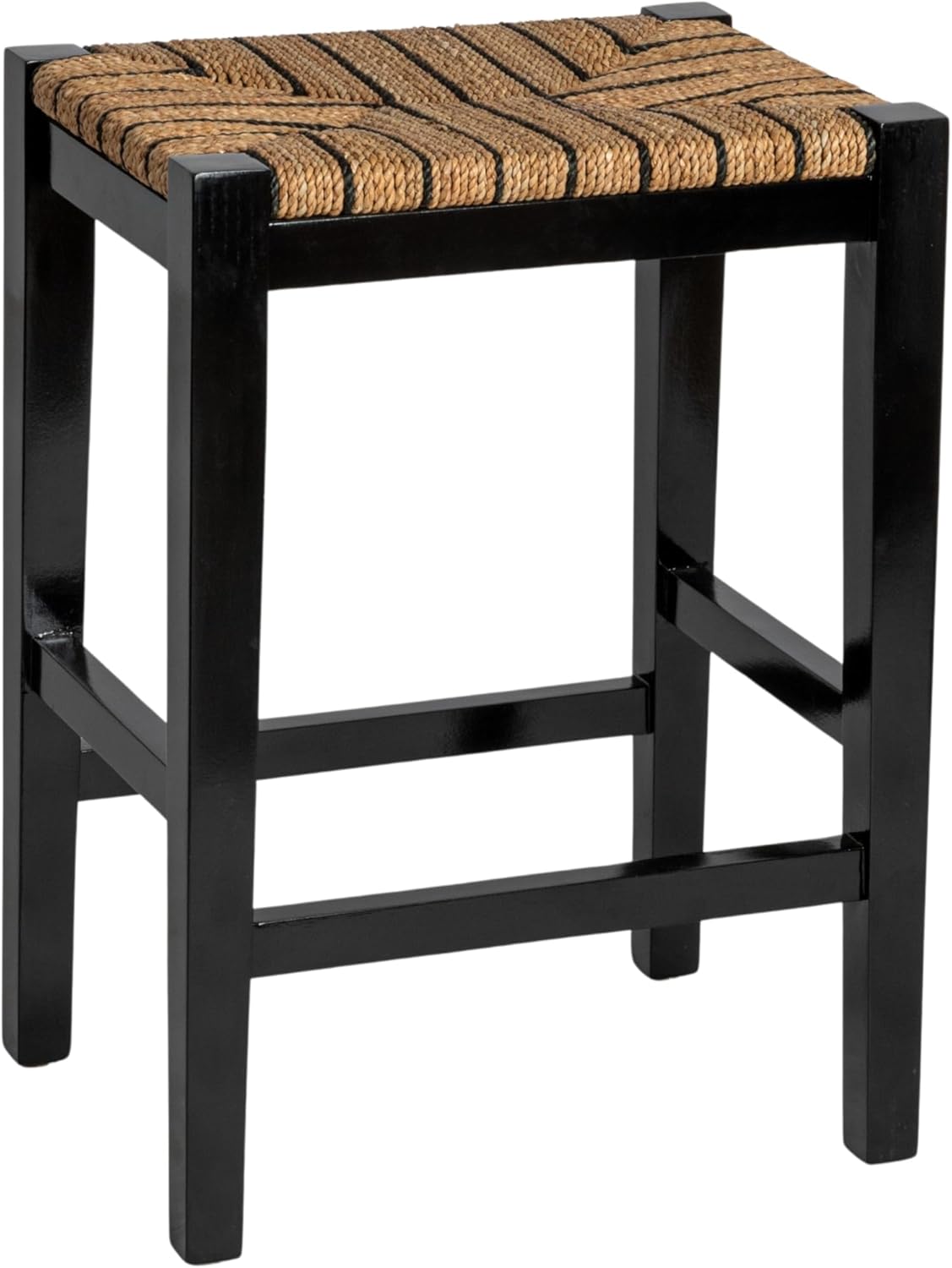 Creative Co-Op Willowbrook Solid Wood and Natural Woven Seagrass Rope Bar Stool, Mahogany Black Finish