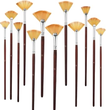 12 Pcs Fan Paint Brushes Wood Handle Oil Acrylic Paint Brushes Soft Artist Painting Brush Anti-Shedding Nylon Hair Painting Brush Professional Fan Kit with Long Handle for Watercolor Gouache