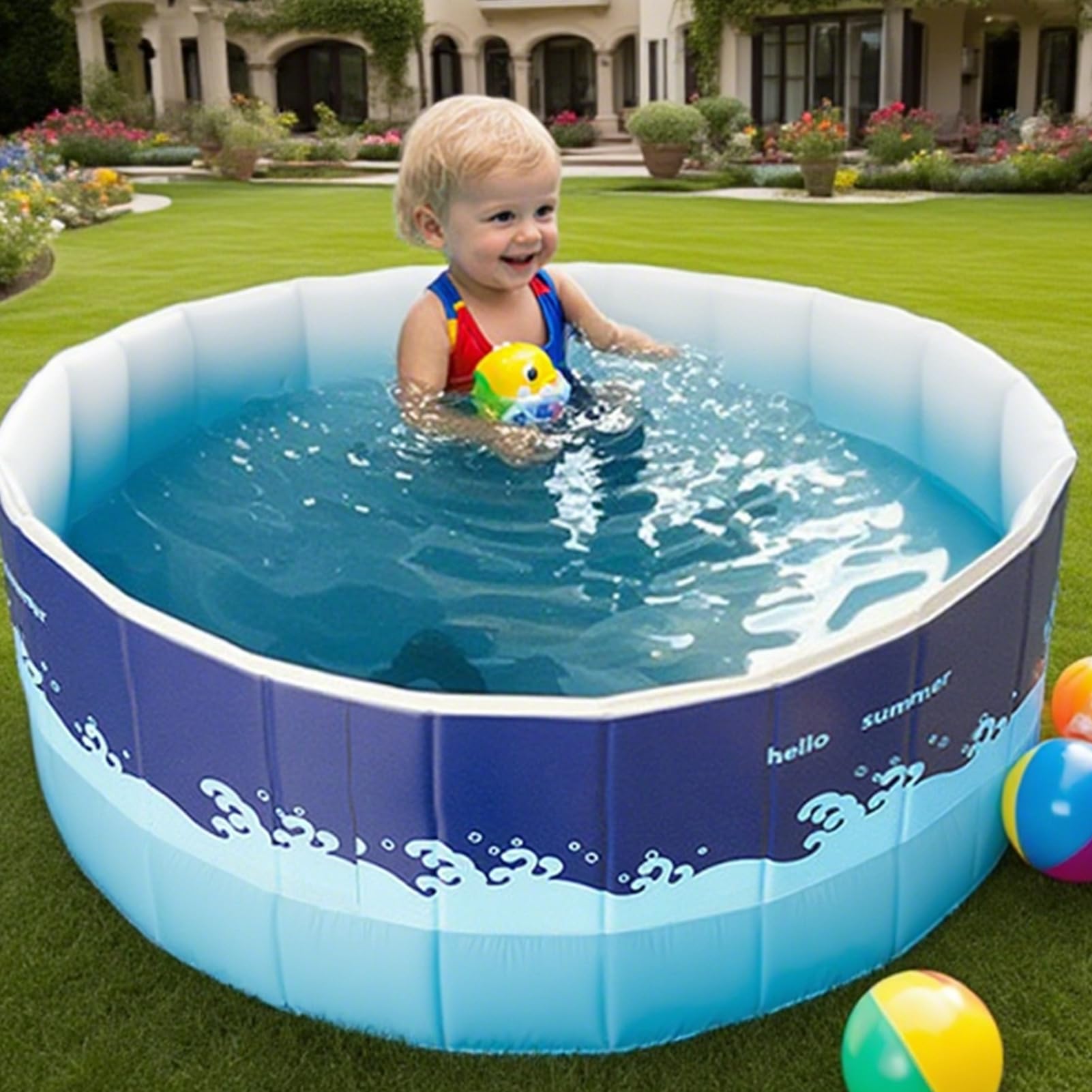 Składany basen do paddlingu, Kid Splash Tub, 90 x 90 x 48 cm / 35,43 x 35,43 x 18,9 duża pojemność, przyjazna zabawka do kąpieli w plecaku, ogród, patio, do użytku na podwórku