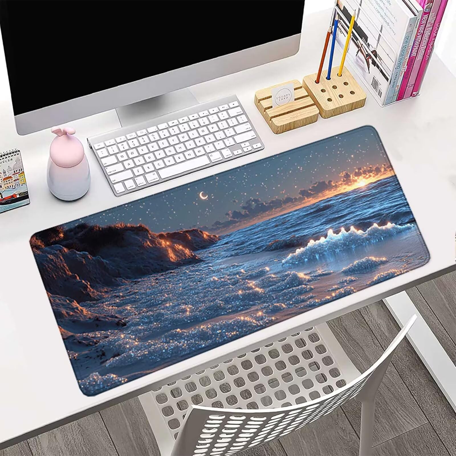 Biała podkładka pod mysz XXL 1200 x 600 mm, wodoodporna podkładka pod mysz plaża wzór szyte krawędzie design akcesoria biurowe antypoślizgowa gumowa podstawa powierzchnia dla graczy, biurko -hjw2506WQ