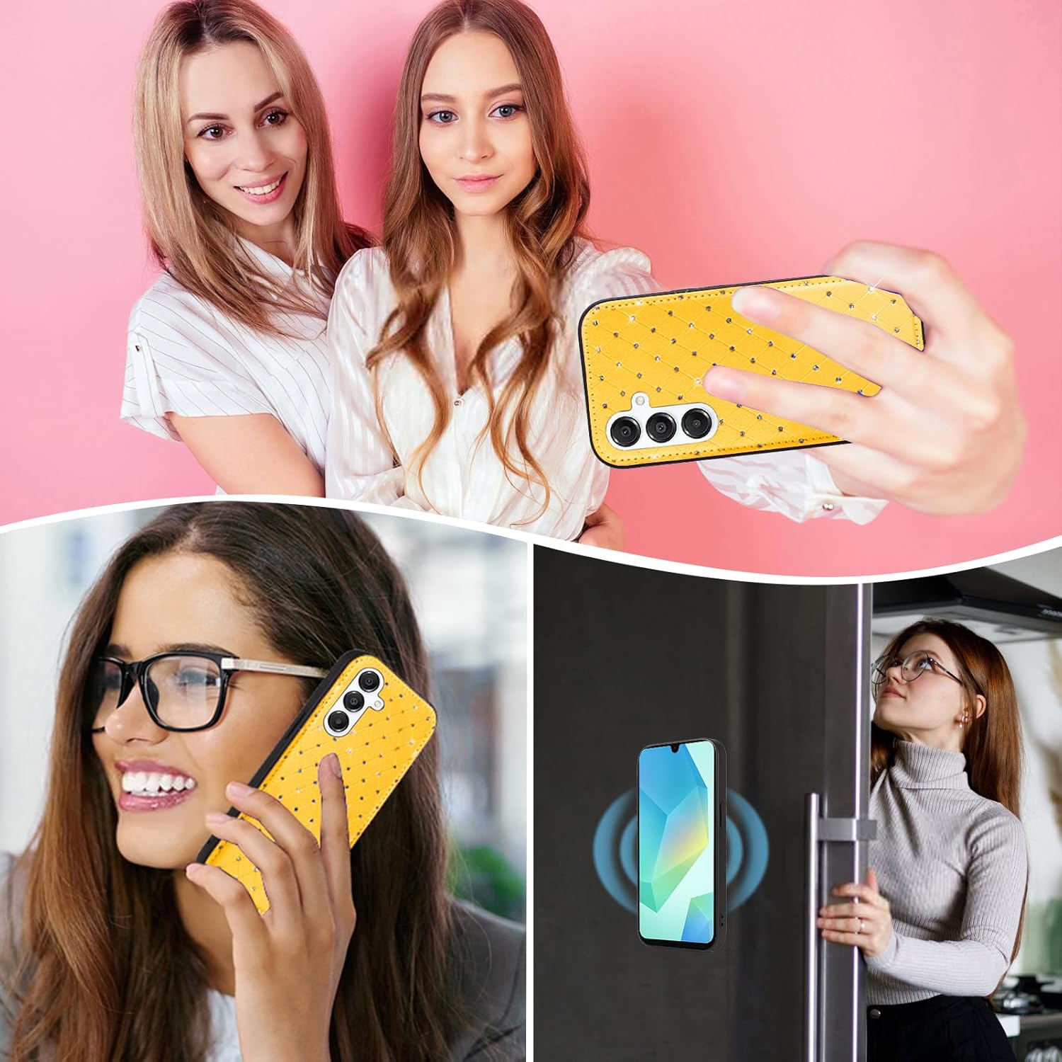 Phone Case for Samsung Galaxy A16 5G/4G Zipper Wallet Detachable Cell Cover Screen Protector Crossbody Lanyard Strap Bling Glitter Flip Card Holder Slot A 16 16A SM-A166U Women Men Girls Yellow