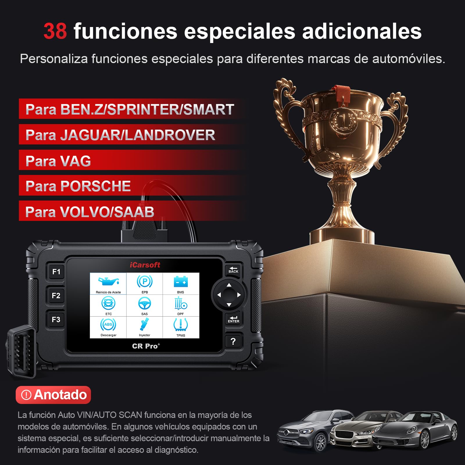 iCarsoft CR Pro+ OBD2 Máquina Diagnosis Coche Multimarca Español, Escáner de Todo el Sistema, 49 Funciones Reinicio, Bidireccional Detector Fallos Coche, Prueba de Batería, Vin Automático