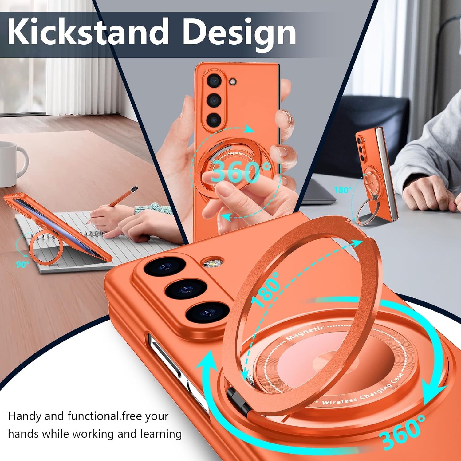 for Galaxy Z FOLD 5 Case with Magnetic Ring Stand, Matte Tough Case with Stand, Magnetic Shockproof Men Women Girls Boys Protective Cover for Galaxy Z FOLD 5 7.6", Orange(15-34)