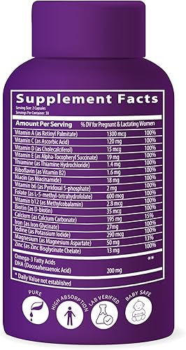 Miniatura 6 de Vitaminas prenatales biodisponibles ultra fuertes para mujeres, ácido fólico folato metilado de origen natural, DHA Omega 3. Apoya el desarrollo