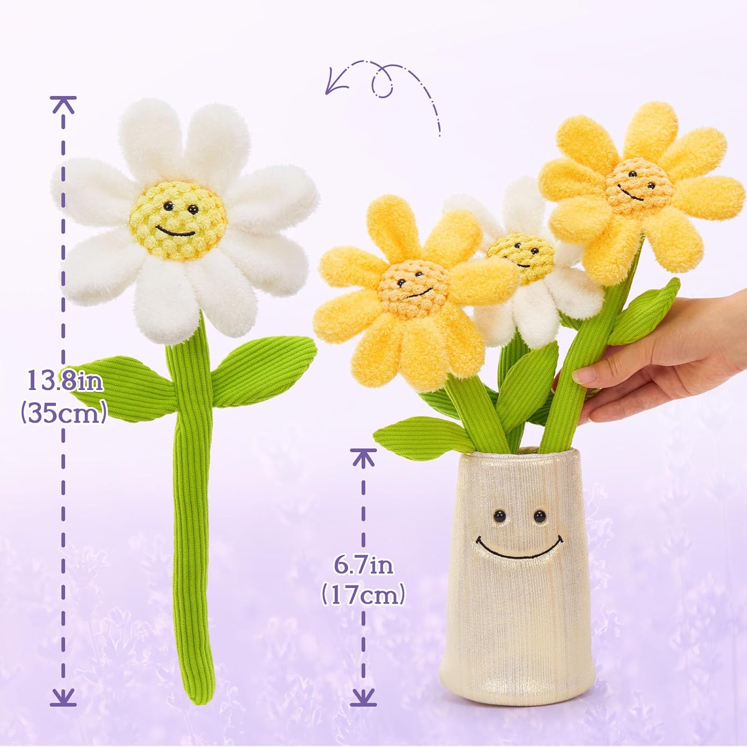 Tezituor 3Pcs Flower Plush with Soft Vase, 14'' Daisy Stuffed Animal Fabric Bouquet Gift for Girls Girlfriend Wife Daughter Women Valentine's Day Graduation Mother's Day Christmas