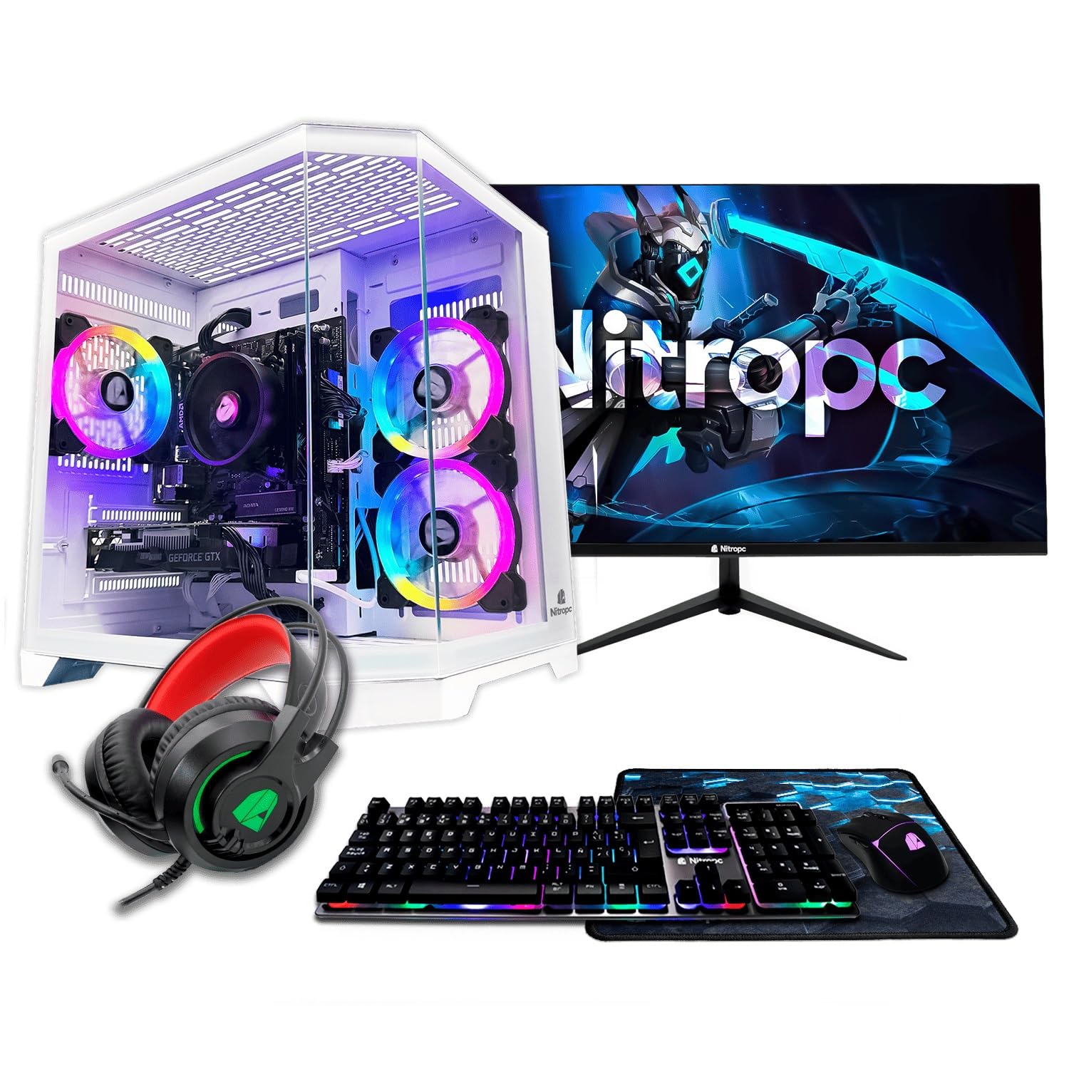 NitroPC - Silver Pack | Full Gaming PC (AMD Ryzen 5 5500 6/12 4.2GHz, RTX 3050 6GB, RAM 16GB, M.2 1TB, Windows 11 | WiFi, 24" Monitor, Keyboard, Mouse, Headphones) Desktop PC (White)