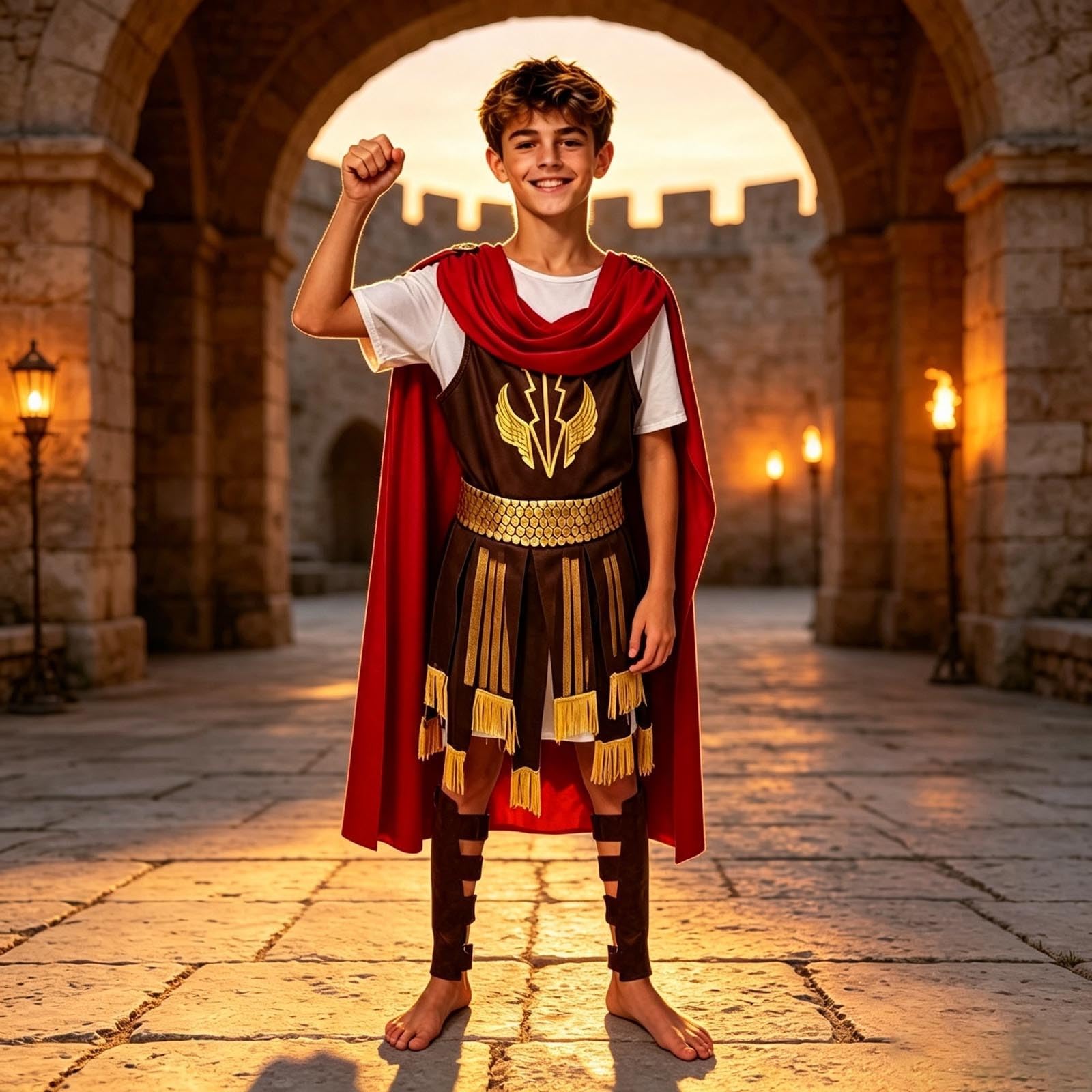 Abito antico per cosplay storico, per spettacoli scolastici, giochi di ruolo, con cintura a tunica ricca di dettagli, perfetta per feste a tema, spettacoli teatrali (marrone, 7-10 anni)