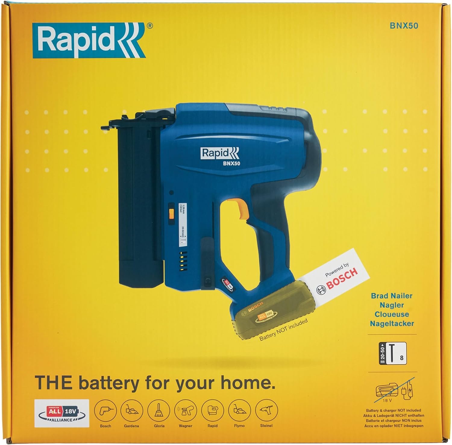 Rapid BNX50 Akku-Nagler 18V – Kabellose Nagelpistole für Nägel Typ 8 (20–50 mm) – Verstellbarer Einschlagtiefe und Bump-Fire – Ohne Akku und Ladegerät – Kompatibel mit POWER FOR ALL