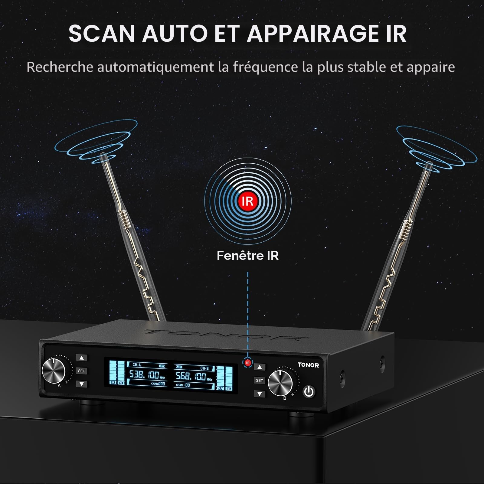 TONOR Système de Micro sans Fil, Microphone sans Fil Rechargeable Professionnel, Micro Dynamique sans Fil en Métal 2x100 UHF pour Karaoké/église/Chant/Mariage/DJ, Auto Scan, 80 M Range, TW550