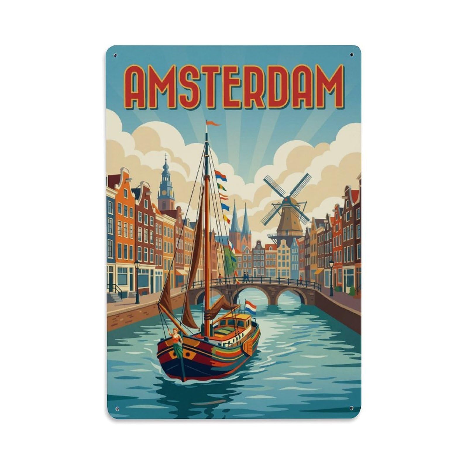 Amsterdam Canal Waterfront Waterway Vintage Tourism Metal Tin Sign Plaque Wall Decor for Cafe, Man Cave, Club Bar, Office, Home Garden Round Metal Poster 8x12Inch
