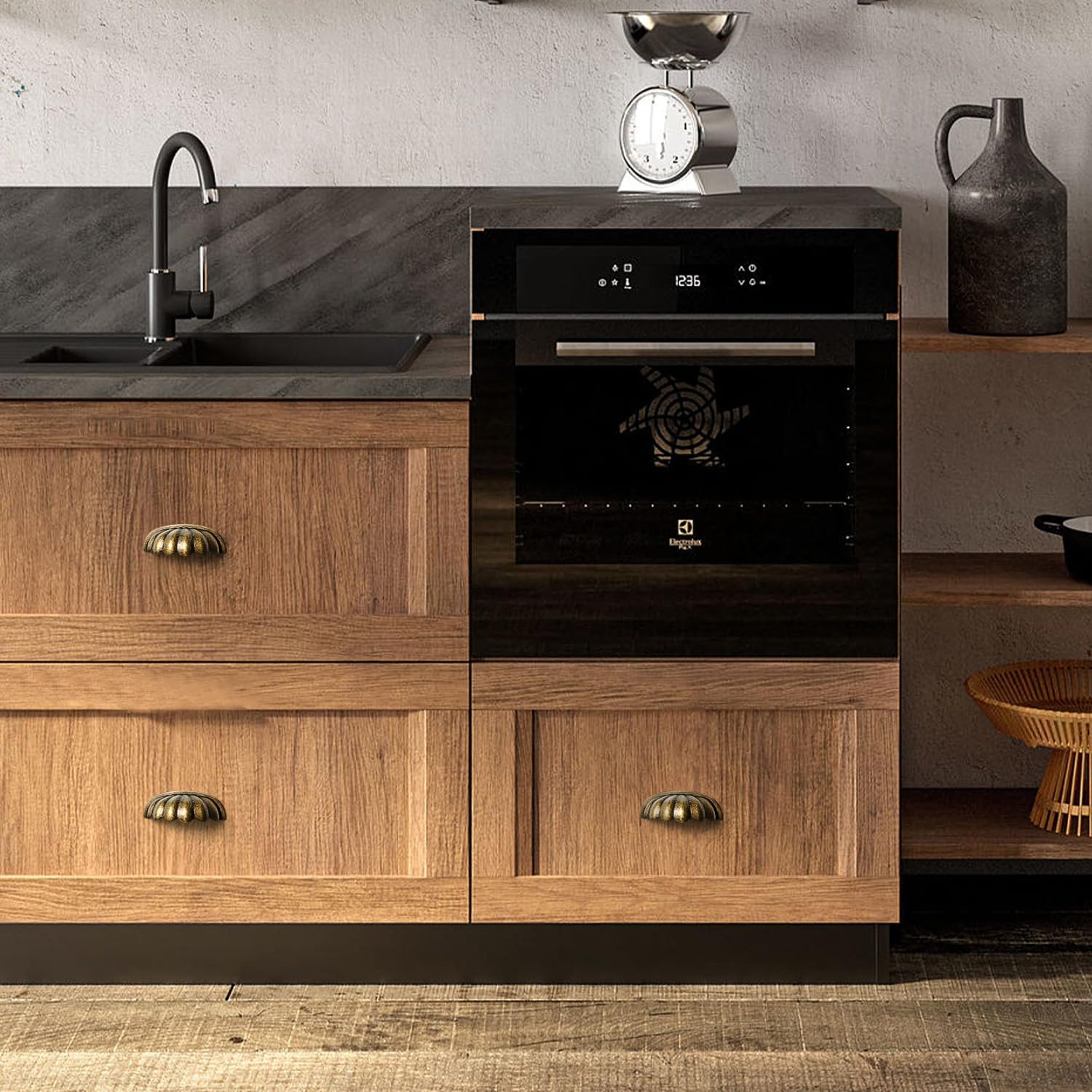 6 Pack 2-1/2 Inch Hole Centre Shell Shape Knob Cabinet Kitchen Drawer Dresser Hardware Pull Vintage Copper Bronze Knobs, Antique Brass