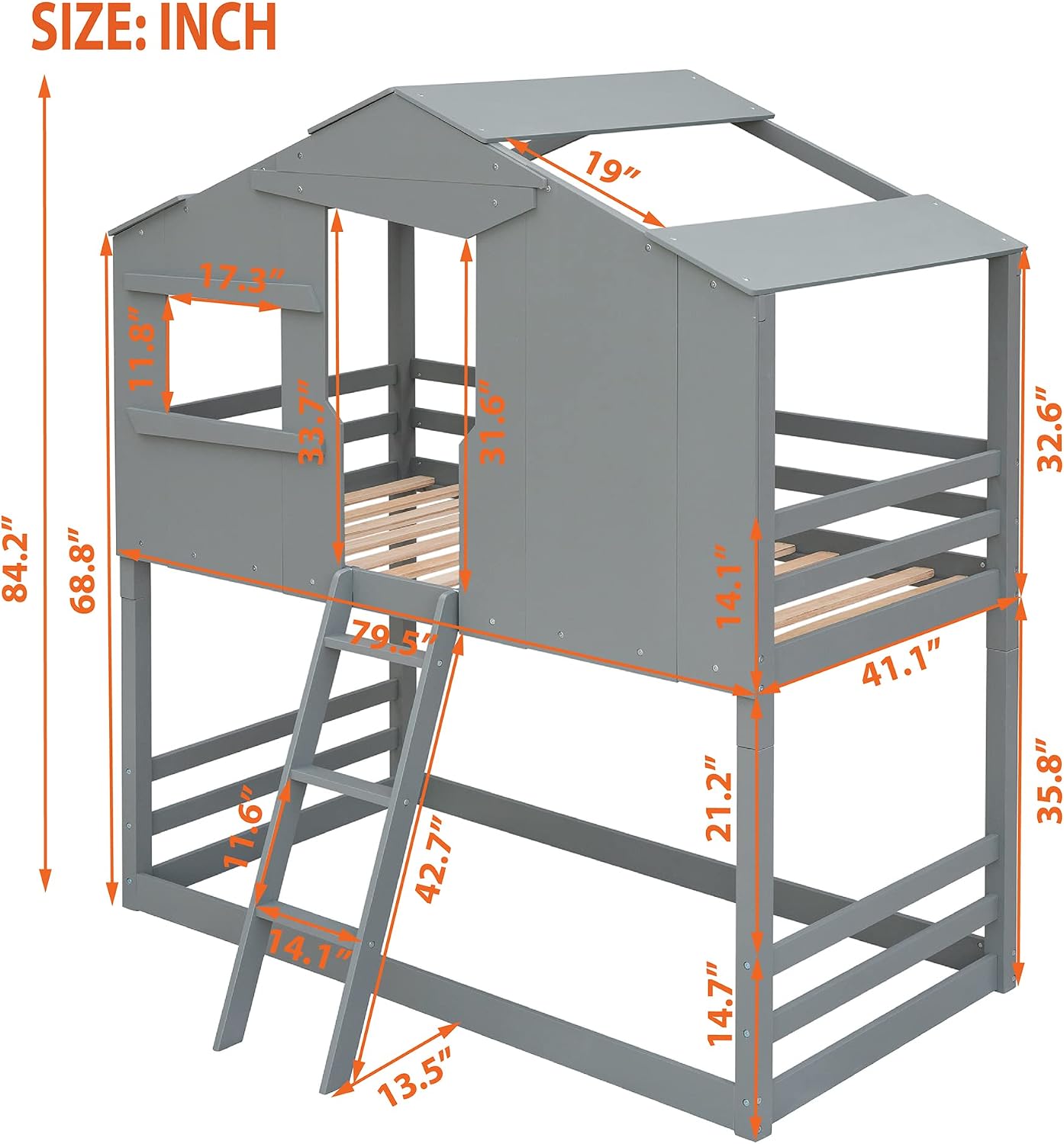 MERITLINE House Bunk Bed for Kids, Twin Over Twin Bunk Beds Can Converts into 2 Separate Platform Beds, Floor Toddler Bunk Beds for Girls Boys Teens,Gray