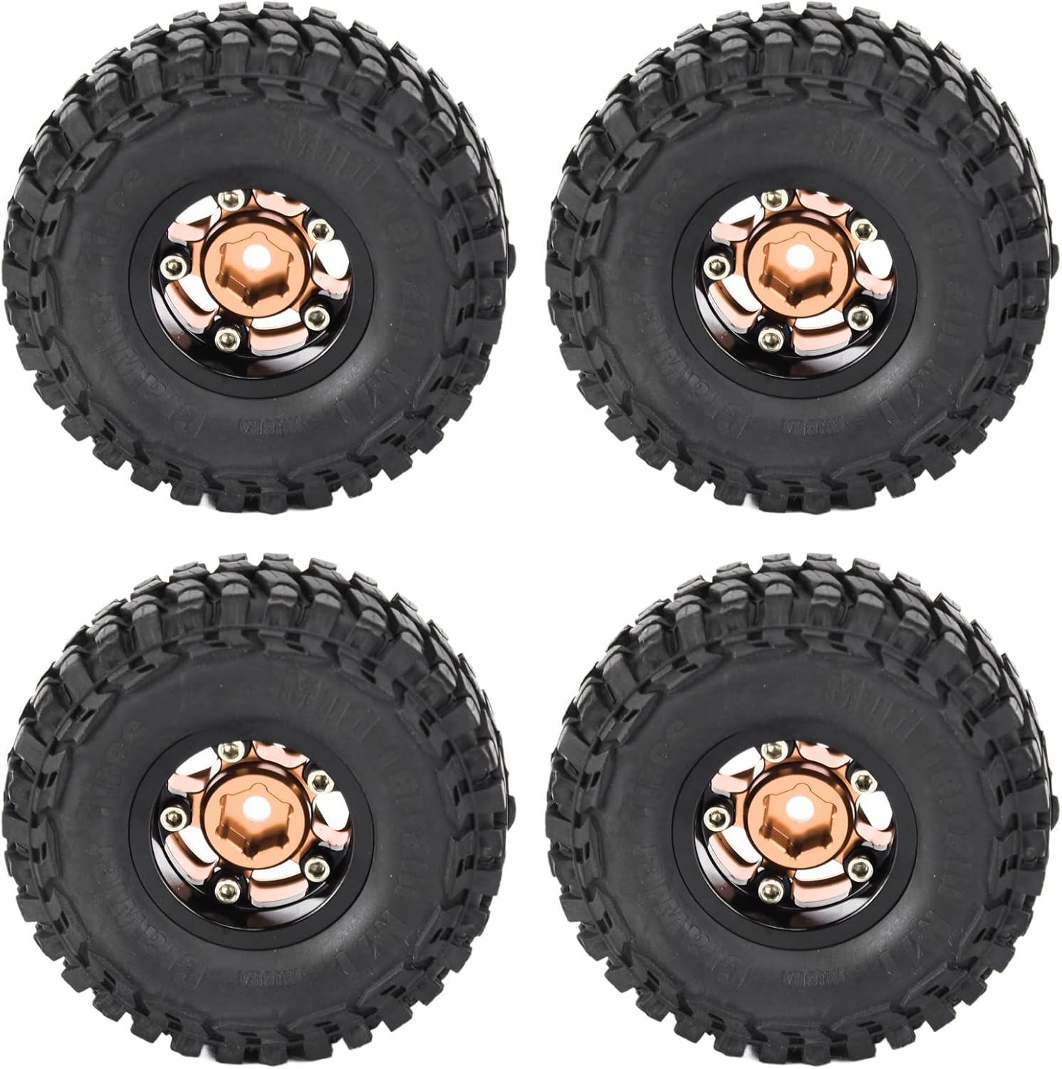 4PCS 1in RC Car Tires, Rubber RC Vehicle Wheels for Axial SCX24 90081 AXI00001 AXI00002, Durable Aluminum Alloy Hex Adapter with Enhanced Grip Texture for 1/24 Scale Crawler Cars (Earthy Gold)