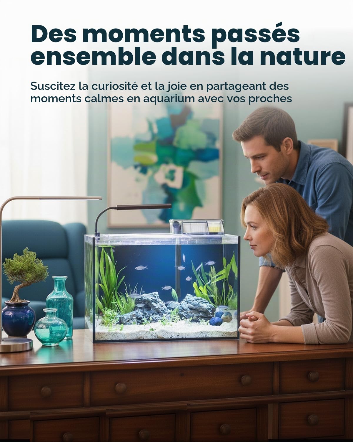 Aquarium de Bureau 40 L – Petit Aquarium en Verre Ultra-Clair avec Filtre autonettoyant, éclairage Puissant, Chauffage, Pierres, Gravier et Outils de Nettoyage