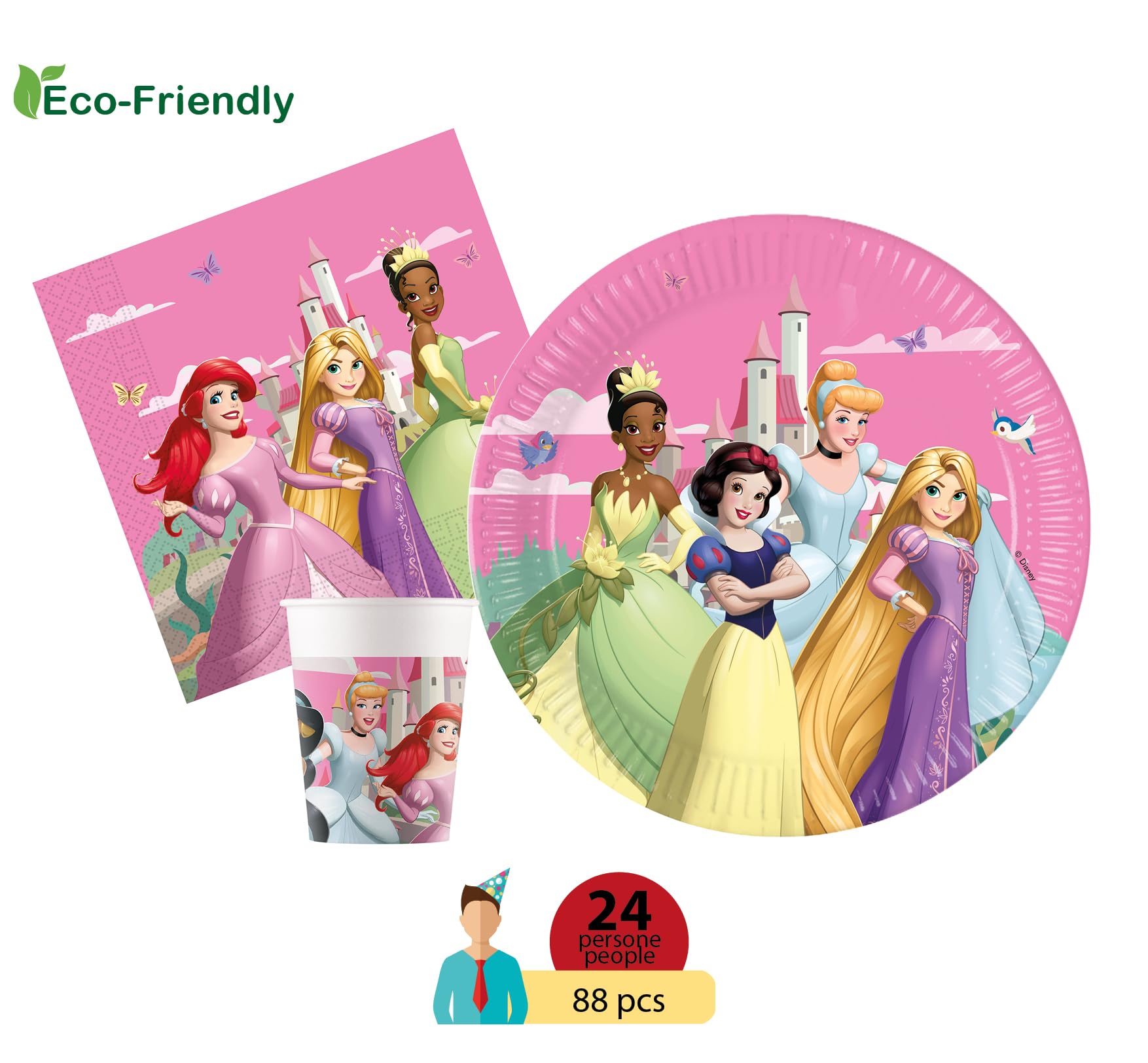 Kit Party Tavola Disney Princess Create Your World per 24 persone (88 pezzi: 24 piatti Ø23cm, 24 bicchieri 200ml, 40 tovaglioli 33x33cm) in carta FSC compostabile eco-friendly