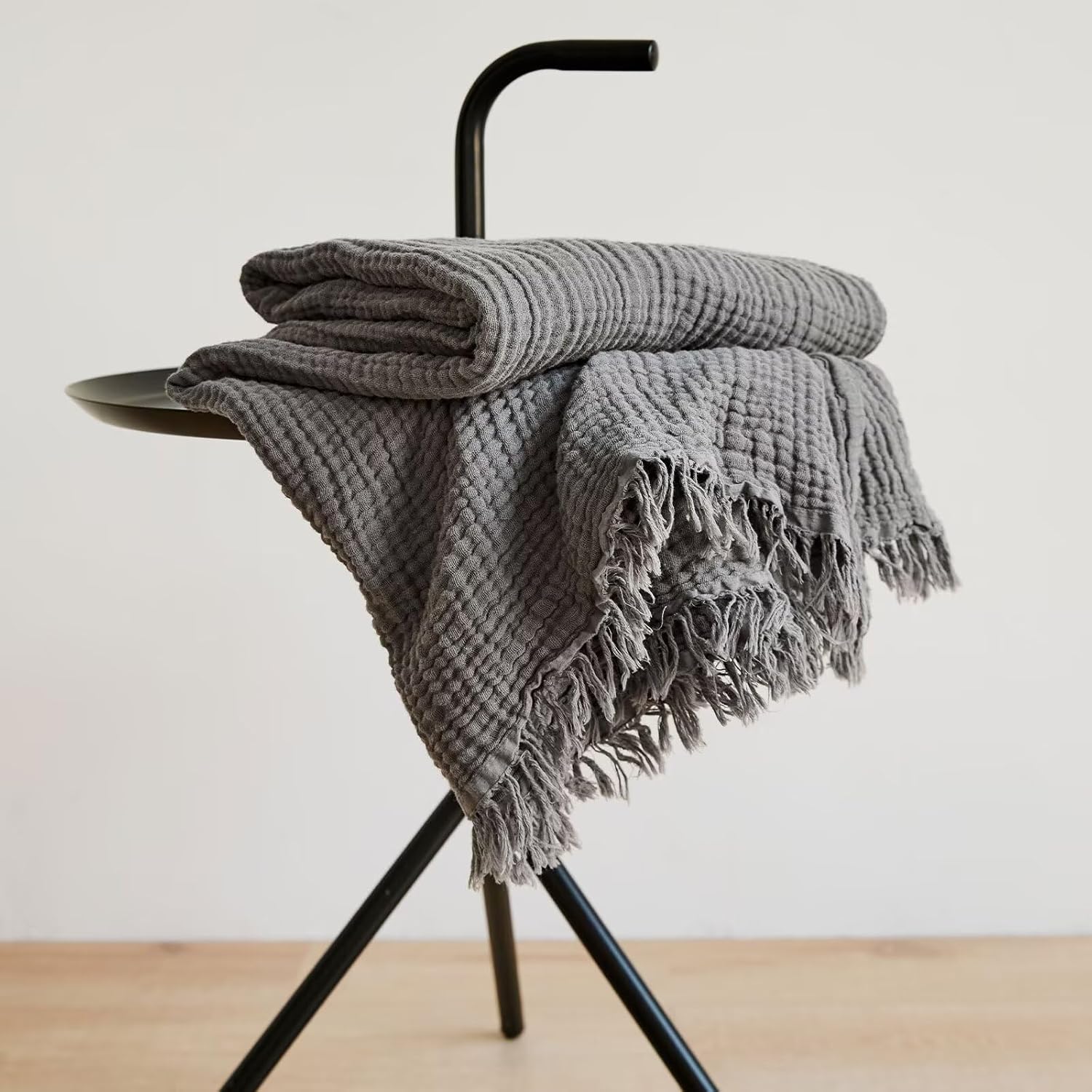 Grey Muslin Blankets with Tassels 4-Layer 100% Cotton Lightweight Breathable Airy Gauze Blankets for Adults for Couch Bed Comfy Soft Airy Cozy Cooling Warm All Season Blanket Plant Dyed