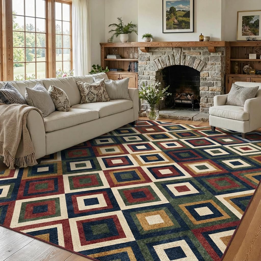5x7 Retro Geometric Diamond Area Rug - Non-Slip Washable Low Pile, Olive Green Rust Red Navy Layered Pattern Carpet for Bedroom, Living Room, Dining Area, Home Office