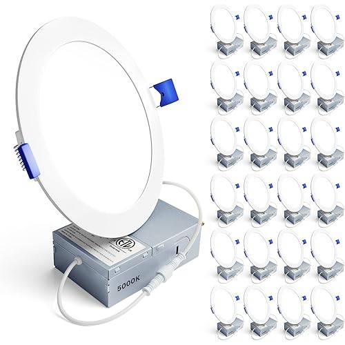 Ensenior 24 Pack 6 Inch LED Recessed Light, Dimmable, 5000K Daylight, 1200LM High Brightness, 12W 120V, Damp Rated, Ultra-Thin Canless Wafer Ceiling Light - ETL & FCC & IC