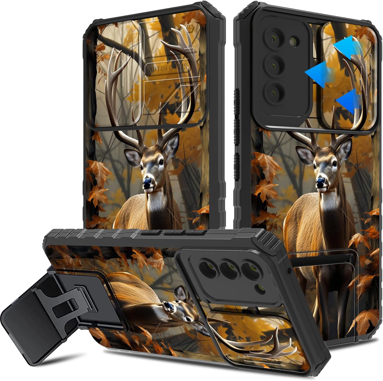for Samsung Galaxy S23 5G Case with Slide Camera Cover and Built-in Kickstand,Military Grade Shockproof Bumper Protective Black Cover for Galaxy S23 5G,Camouflage Forest Deer