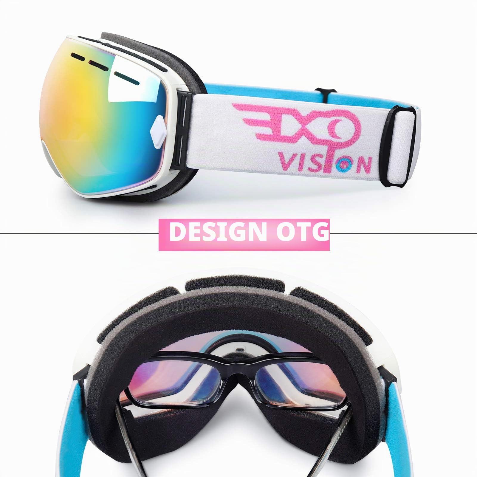 EXP VISION - Occhiali da sci e da snowboard per uomo e donna, 100% protezione per UV400, anti appannamento sulle lenti, con vetro sferico rimovibile