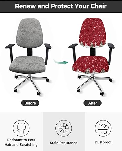 Miniatura 3 de Juego de 2 fundas para sillas de oficina y computadora, diseño de copo de nieve rojo de Navidad, fundas elásticas para asiento de silla giratoria de