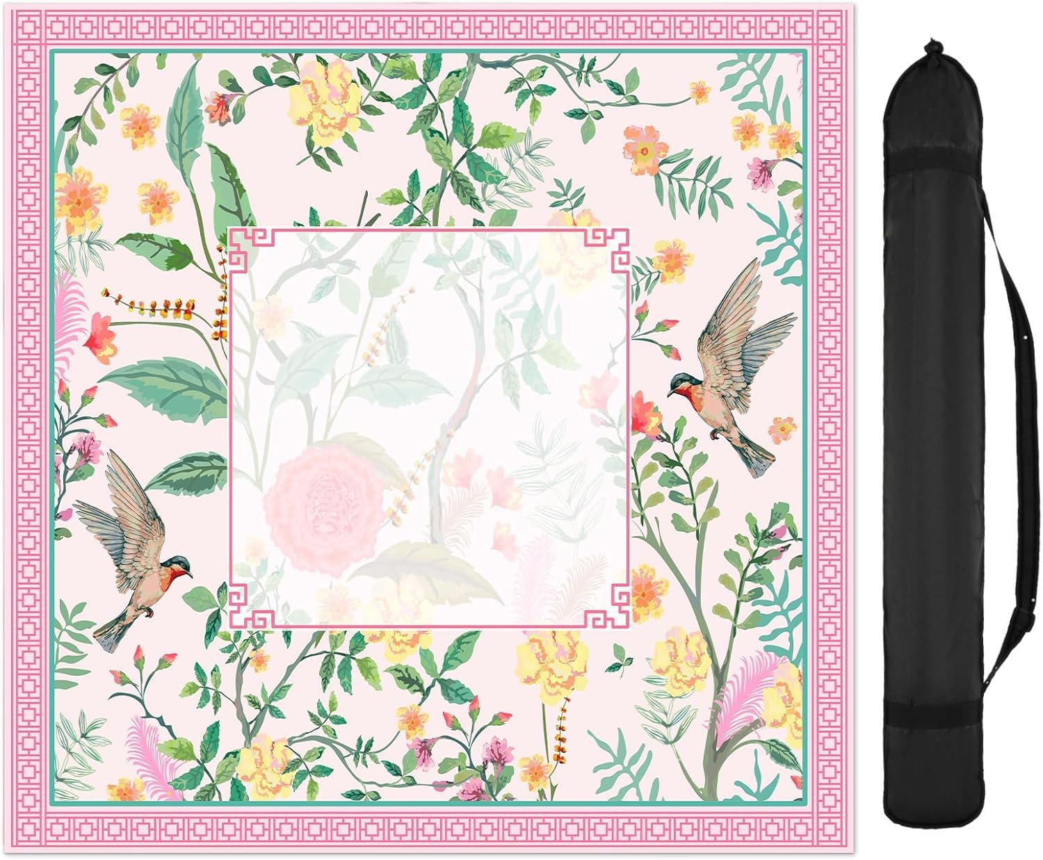 Tazuxetuqe Pink Bird Floral Mahjong Mat with Carrying Bag 80cm x 80cm Table Mat Vintage Chinoiserie Flower Non-Slip Game Table Cover for Card Board Tile Games