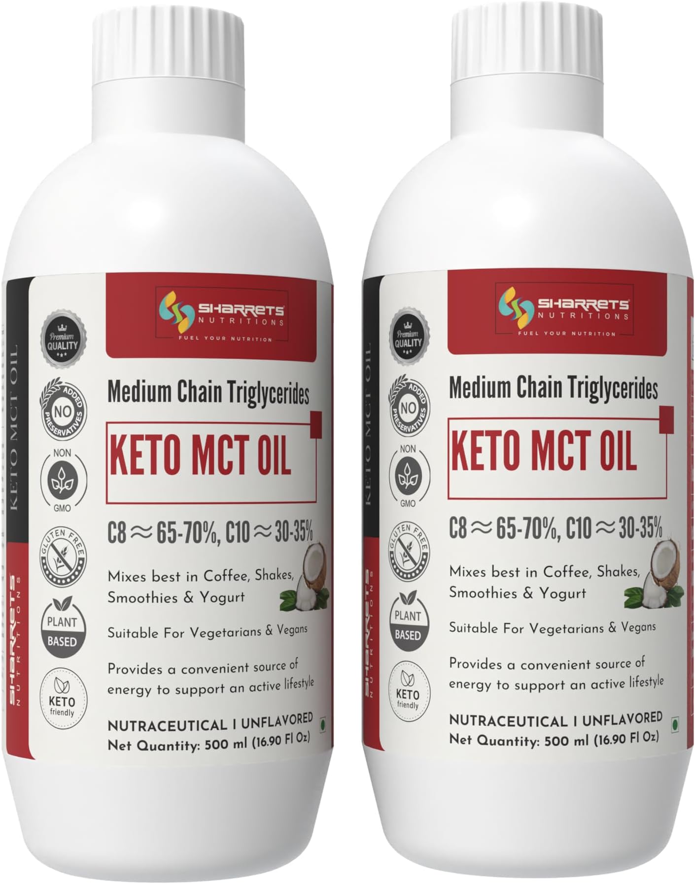 Sharrets Keto MCT Oil (2 x 500ml) C8:70 C10:30 Premium Medium Chain Triglycerides for Bulletproof Coffee, Intermittent Fasting, and Peak Performance