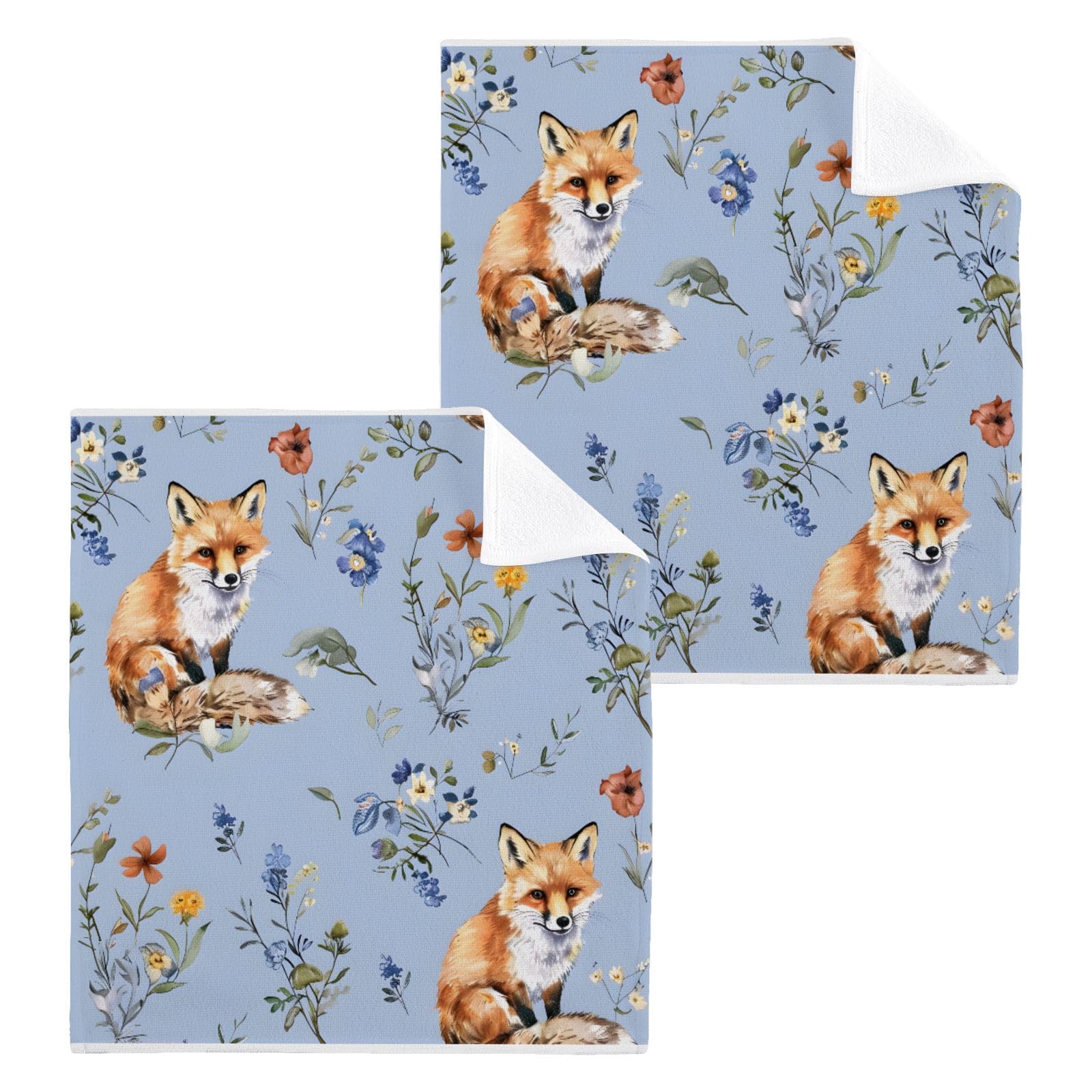 ALAZA Wash Cloth Set 100% Cotton Fingertip Towels Face Cloths Sets Fox Floral Blue Highly Absorbent Soft Feel Set of 2
