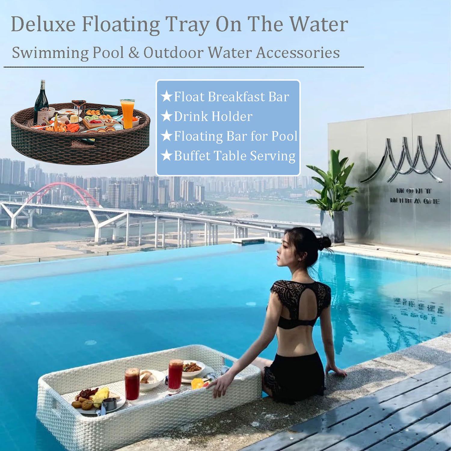 Plateau de Service Flottant pour Piscine, Plateau de Service tissé en rotin, Plateau Alimentaire avec poignées, Plateau Flottant de Luxe, Plateau de Service Flottant, Table, Bar, Plateau flo