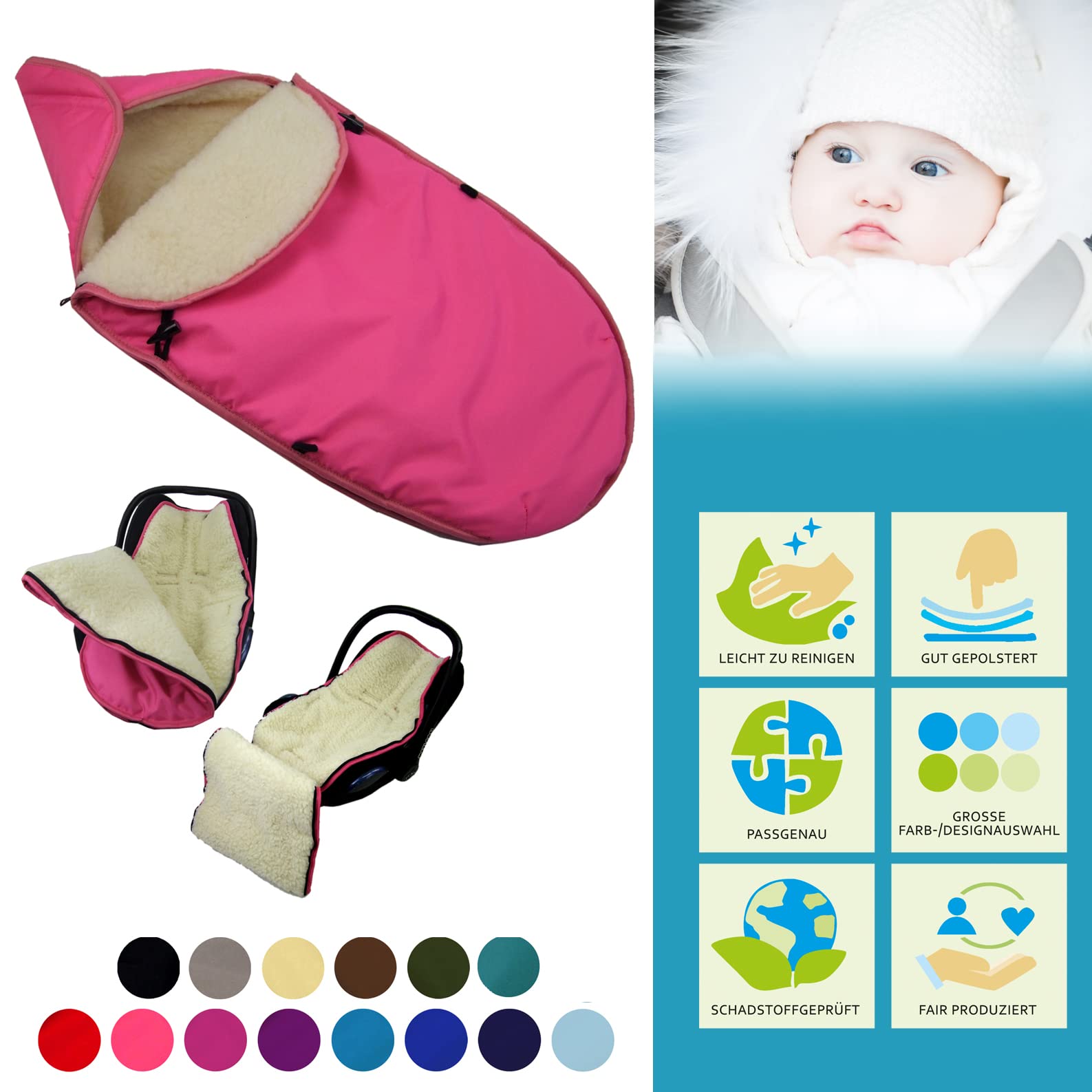 Chancelière d'hiver universelle pour porte-bébé, par ex. Maxi-Cosi, siège auto Römer, etc. *12 couleurs* Chancelière d'hiver en laine d'agneau