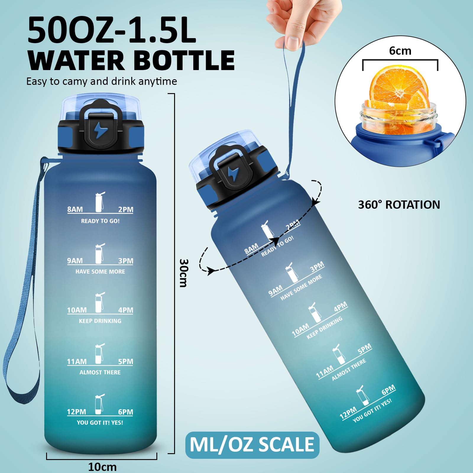 Grsta Borraccia 1,5 litri, Borraccia Palestra con Cannuccia, Borracce Graduata, Facile da Pulire, Bottiglia con Indicatore del Tempo Motivazionale per Sport, Outdoor, Trekking