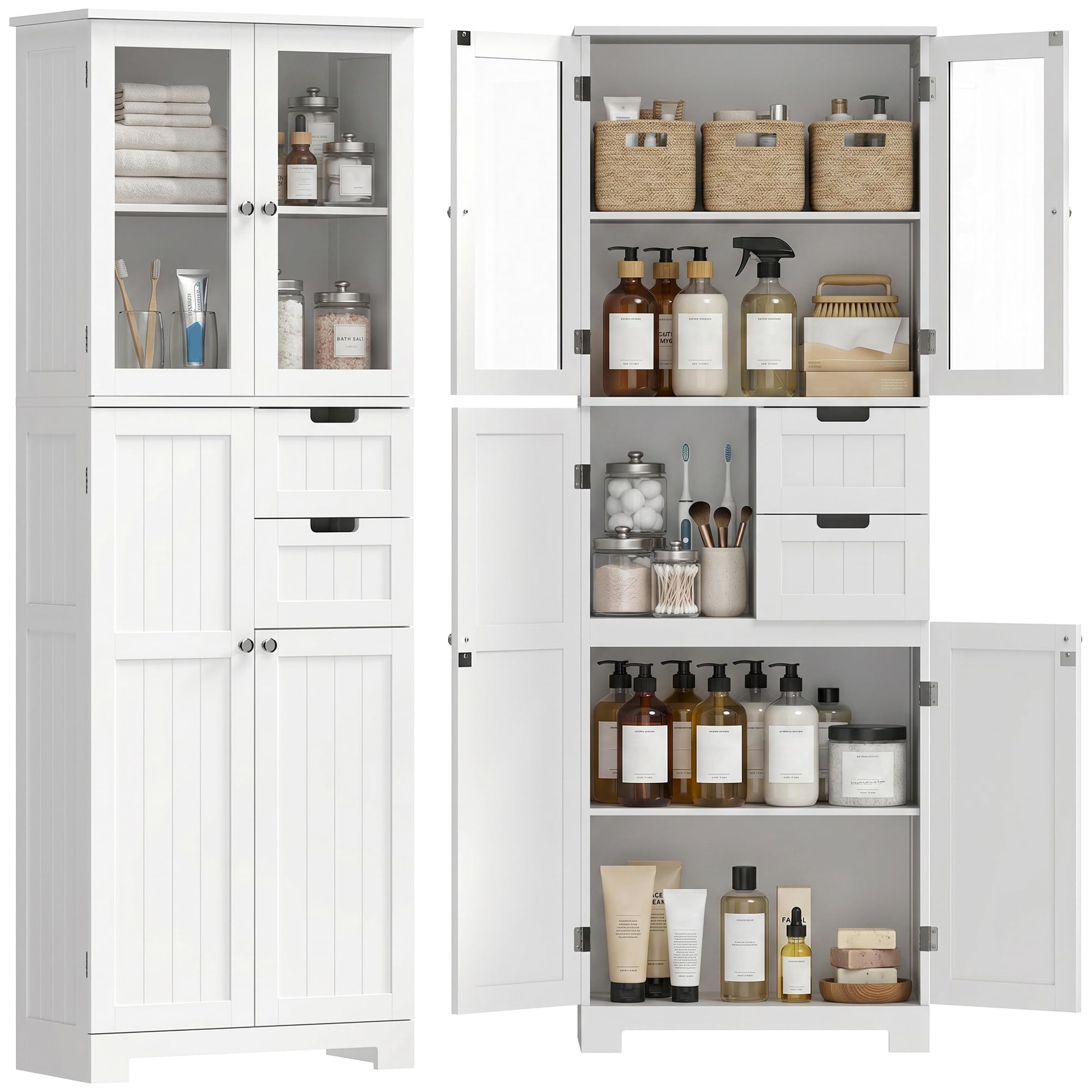 HOMCOM Meuble de Salle de Bain Haut, Meuble de Rangement, Colonne Salle de Bain avec 4 Portes Dont 2 vitrées, 2 tiroirs et étagères réglables, Style Moderne, pour Salon, Chambre, 60x30x170cm, Blanc