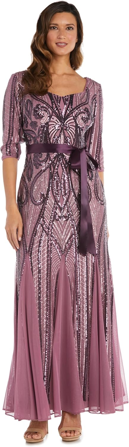 R&M Richards Women's Elegant Sequin Sweetheart Gown | 3/4 Sleeve Embellished Power Mesh Maxi Dress | Evening Cocktail Party