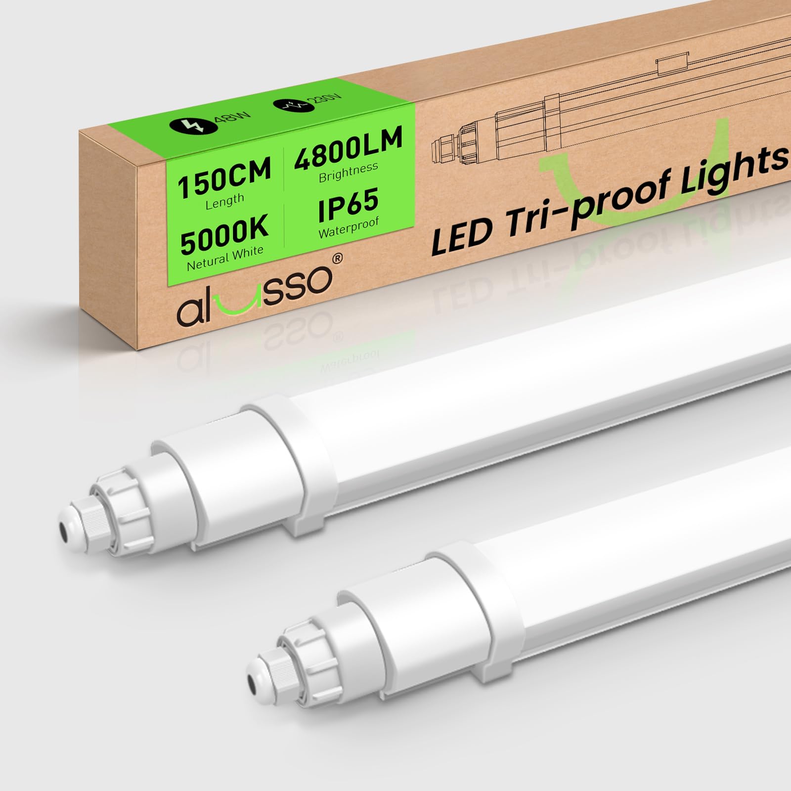 ALUSSO Lot de 2 Réglette LED 150cm, 48W 4800LM 5000K IP65 Tubes pour bureau | Tubes Lumineux pour garage, Cave,entrepôt, bureau, atelier, éclairage de cuisine