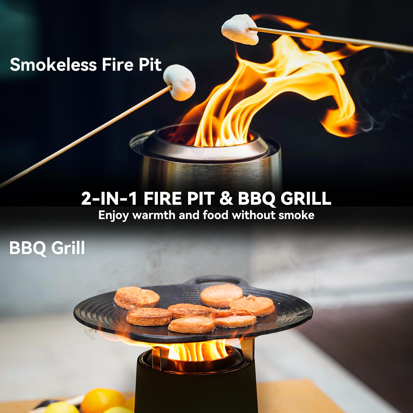 Onlyfire Braciere Senza Fumo da Tavolo, Focolare Portatile con Staffa per Vaso e Borsa da Trasporto, Bruciatura a Legna e a Pellet, per Campeggio all'aperto Tailgating Patio, Acciaio Inox, Nero