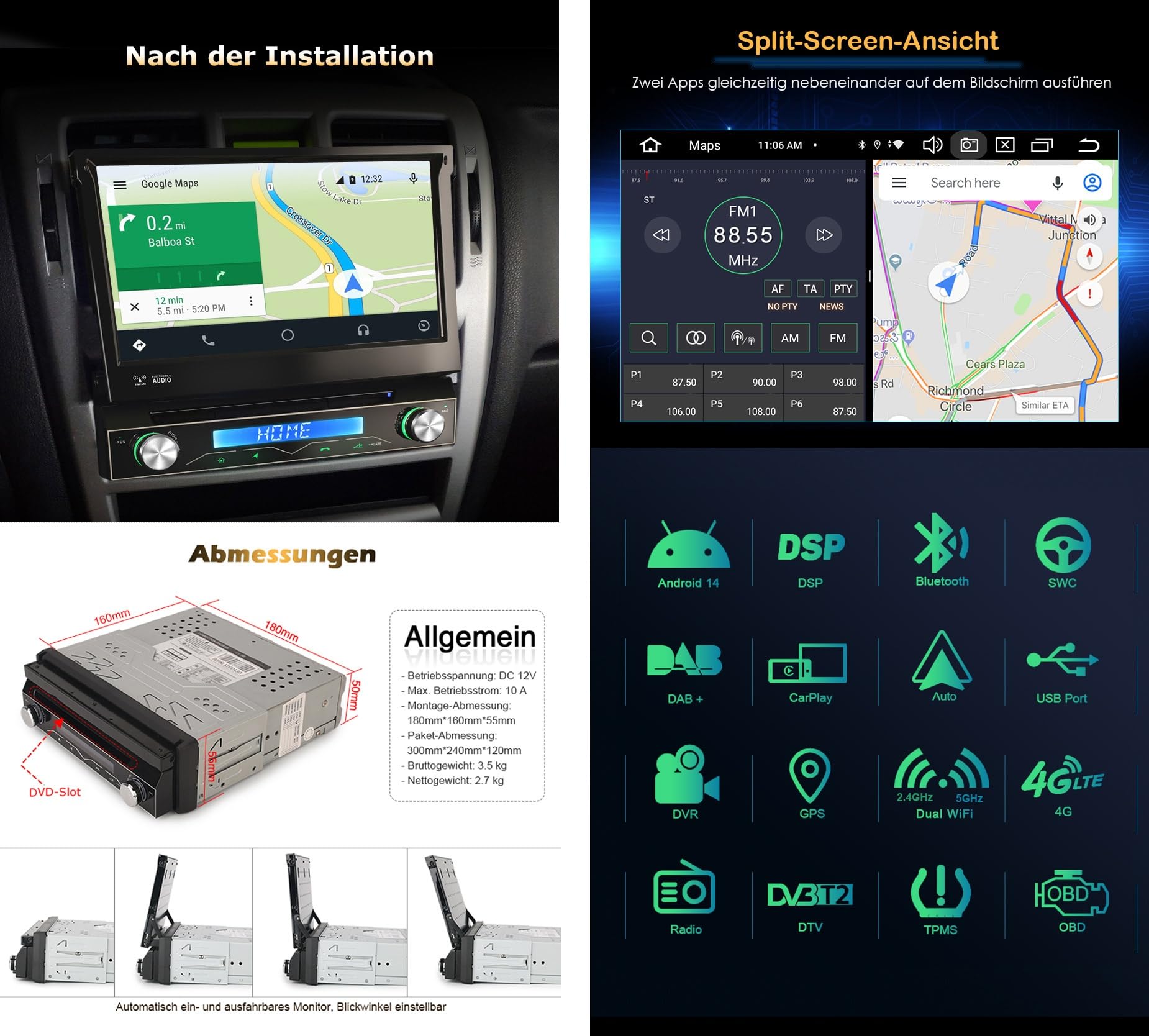 Erisin 7 Zoll 8-Kern Android 16 4GB+64GB Skalierbar 1Din Universal DVD Autoradio Bluetooth mit GPS Navi HD Touchscreen Integriertes Kabelloses CarPlay Android Auto DSP OBD2 TPMS DVB-T2 DAB+ WiFi USB