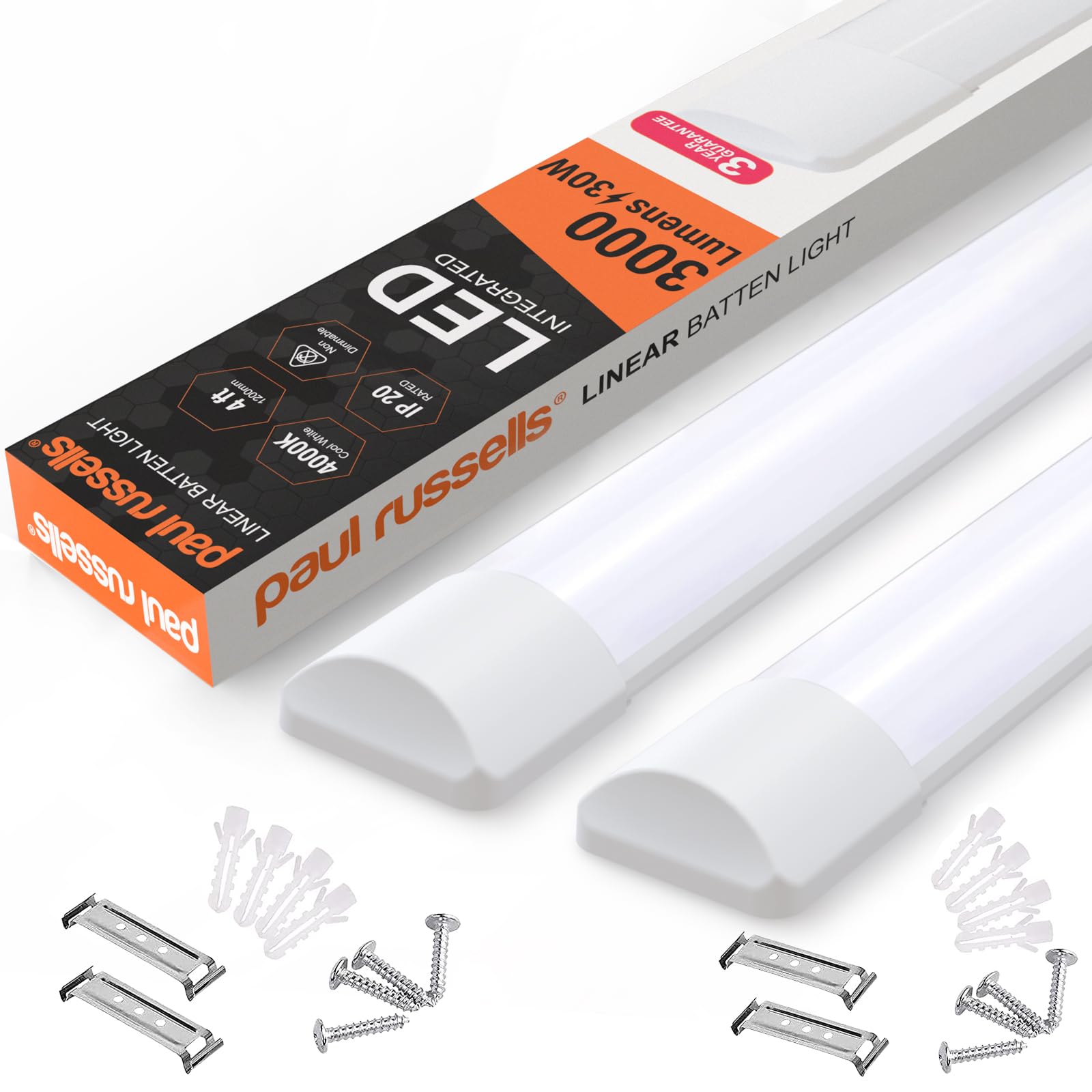 Paul Russells 4 Ft Led Batten Tube Lights30W 3000 LumensIp204000K Cool WhiteUltra SlimPack Of 2 from B&Q